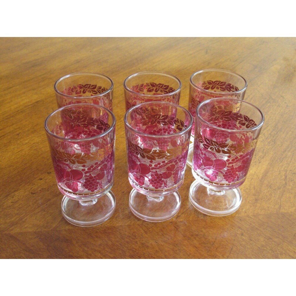 6x Fruits Gold Leaf Cordial Shot Glasses Vintage France Grapes Berry Footed
